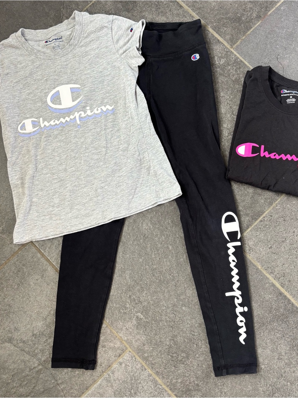 Champion Kids' Girls 3 piece lot Leggings Sz S Grey Tee Sz S Black Tee Sz M